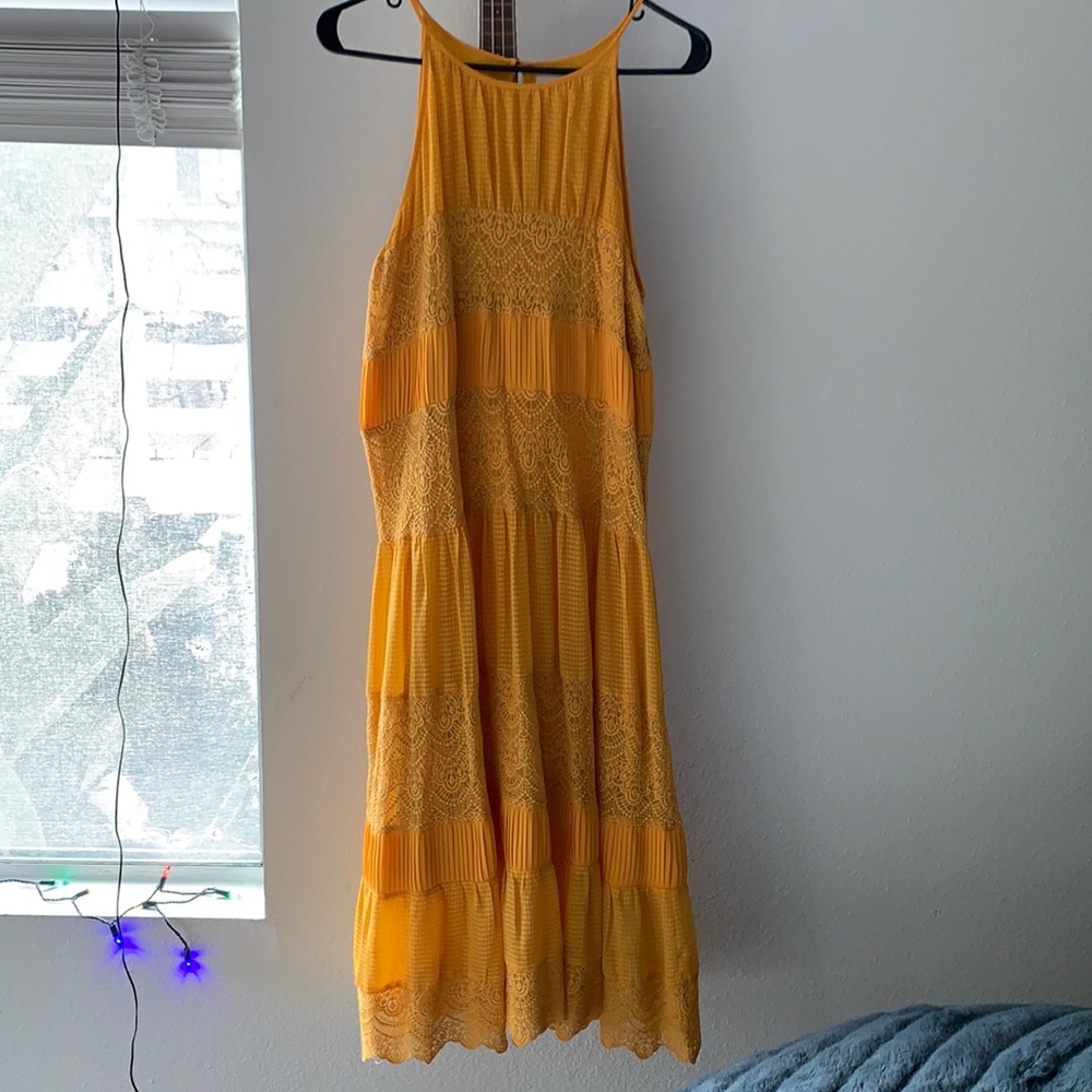 Anthro yellow midi dress with lace detail size medium